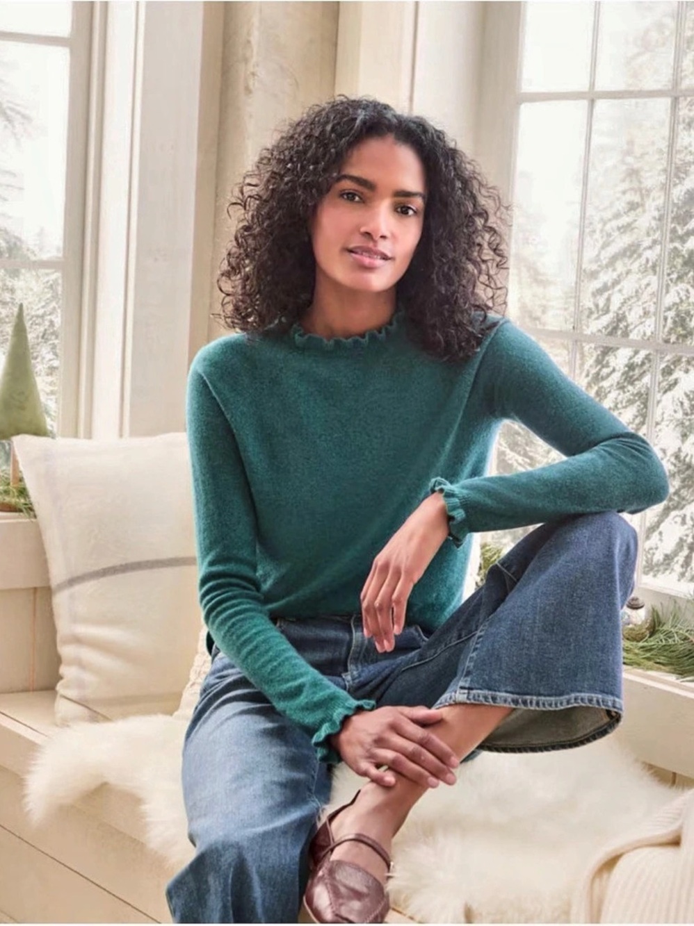 Garnet Hill Cashmere Ruffled-Mock-Neck Sweater Size Small